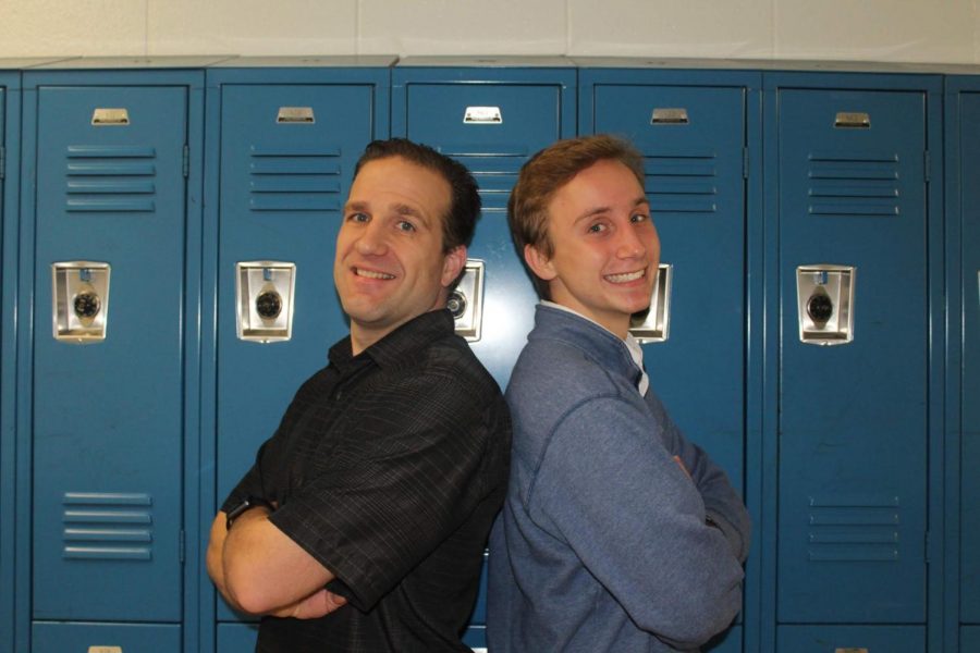 Junior Will Giles stands back-to-back in the hallways with Mr. Andrew Oberlies. The two were look-alikes because of their facial shape and eyes.