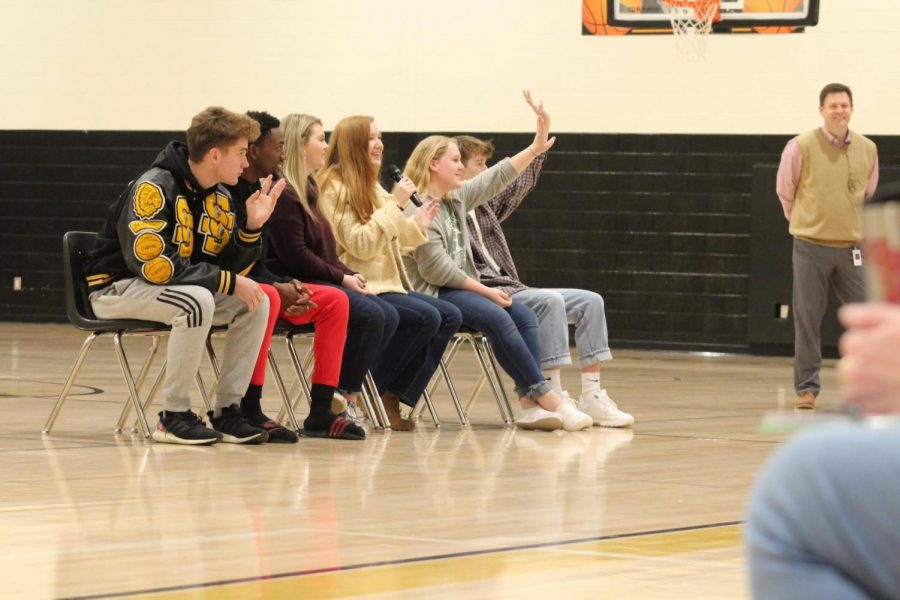 Members of the panel interact with the students in the Dean Rusk gym. Mr. Robert Van Alstyne took the students on the panel to all the feeder elementary schools for a pep rally to get the fifth graders excited about middle school. 